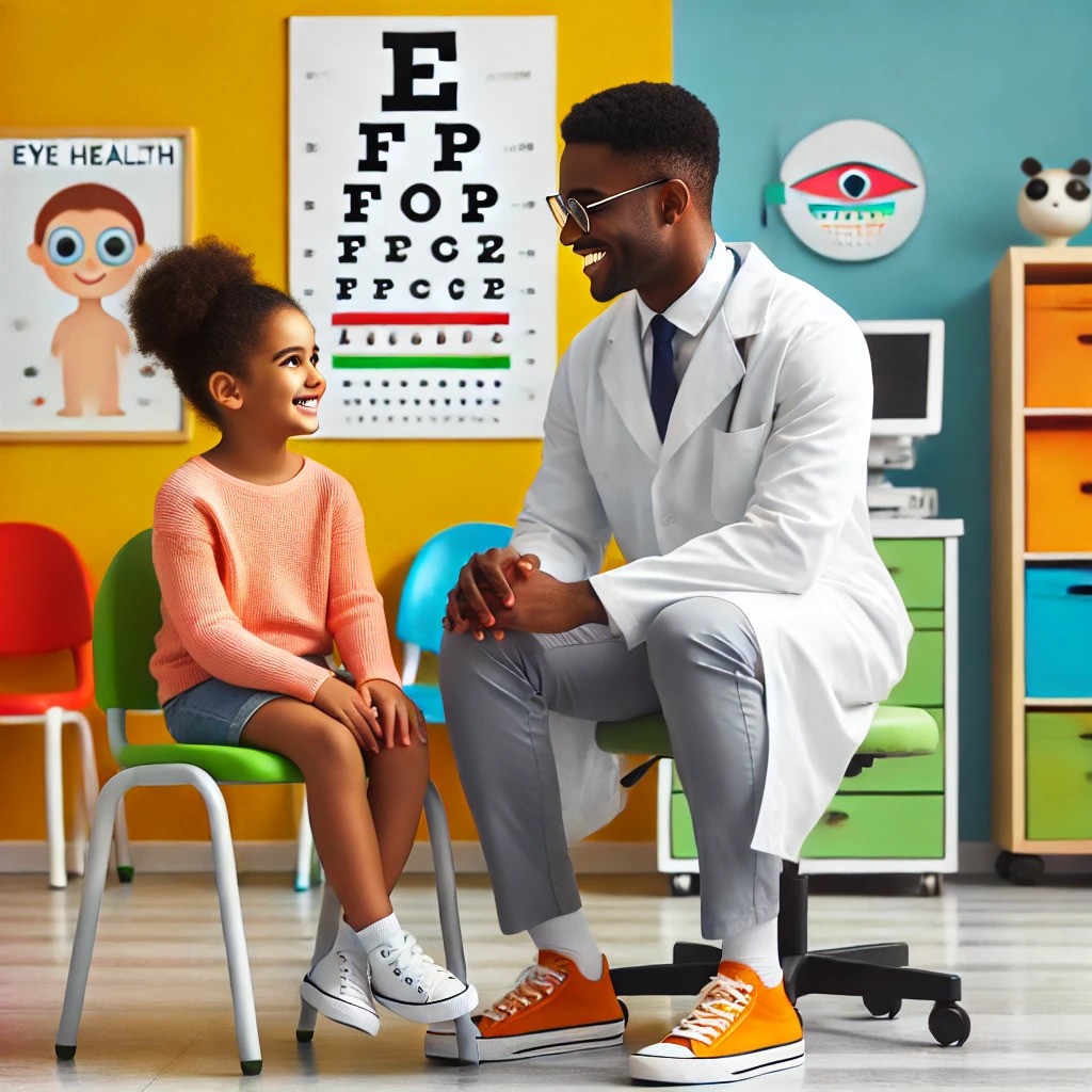 A doctor in a white coat smiles at a young girl sitting on a chair in an eye clinic. An eye chart and colorful decorations are in the background.