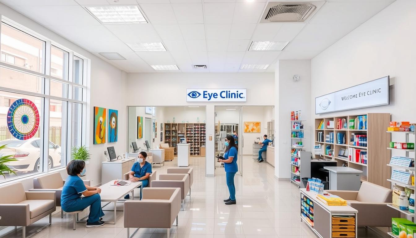 An eye clinic waiting area with people seated and standing, informational signage, and a reception desk stocked with eye care products.