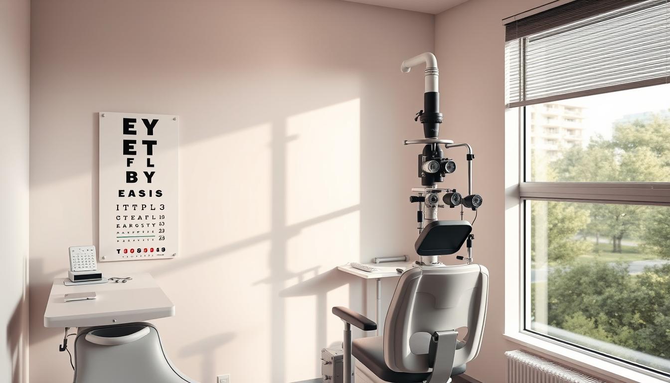 Bright eye clinic with an eye chart, a vision testing chair, and ophthalmic equipment near a large window.