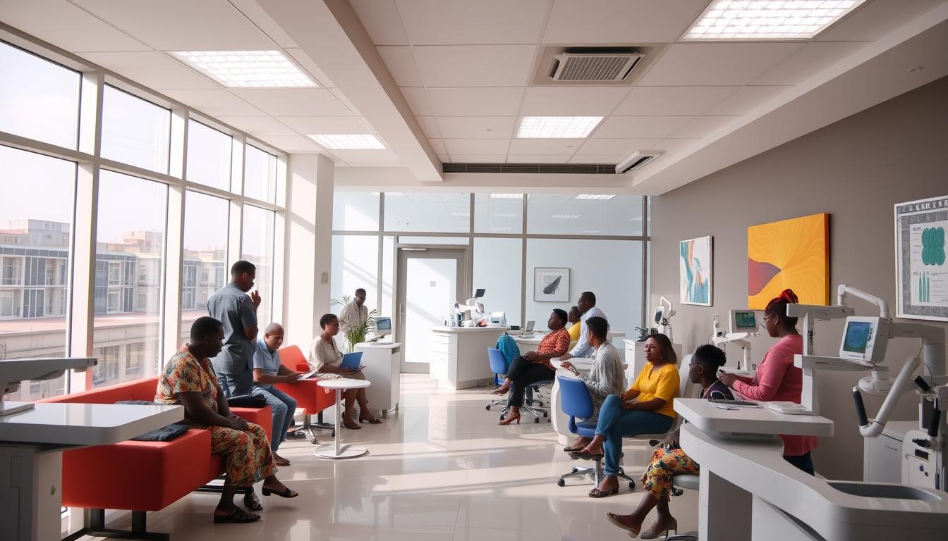 A contemporary eye clinic in Abuja showcases a bustling environment with patients waiting patiently and dedicated staff diligently attending to their needs. Large windows flood the space with natural light, while colorful art adorns the walls.